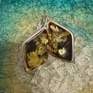 Elegant Silver Diamond Shaped Baltic Green Amber Earrings